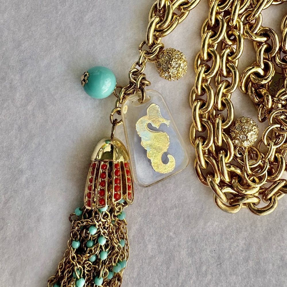 Lilly Pulitzer Seahorse Coastal Adjustable Gold -Tone Turquoise Tassel Necklace - Picture 7 of 8
